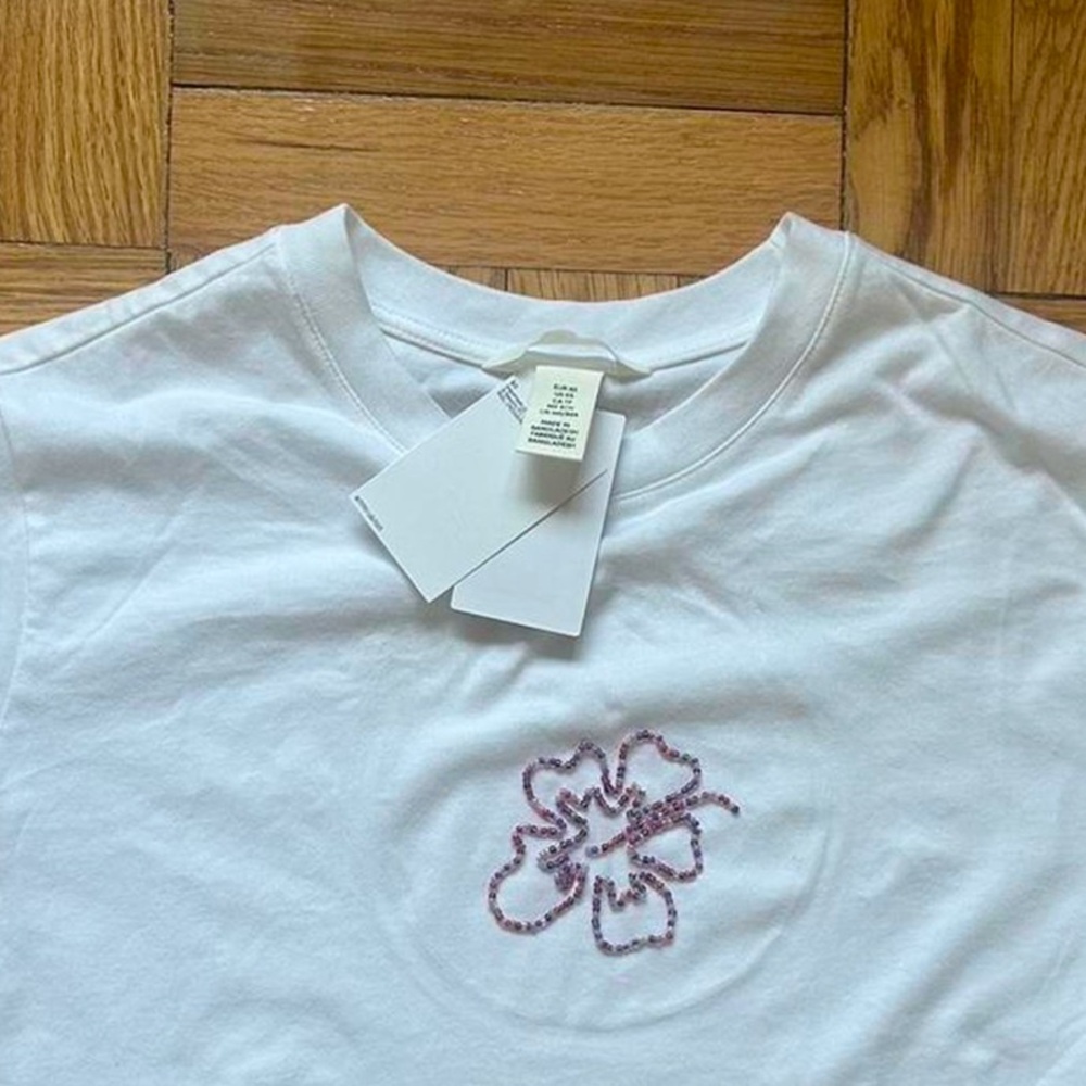 White T-Shirt with Floral Embroidery